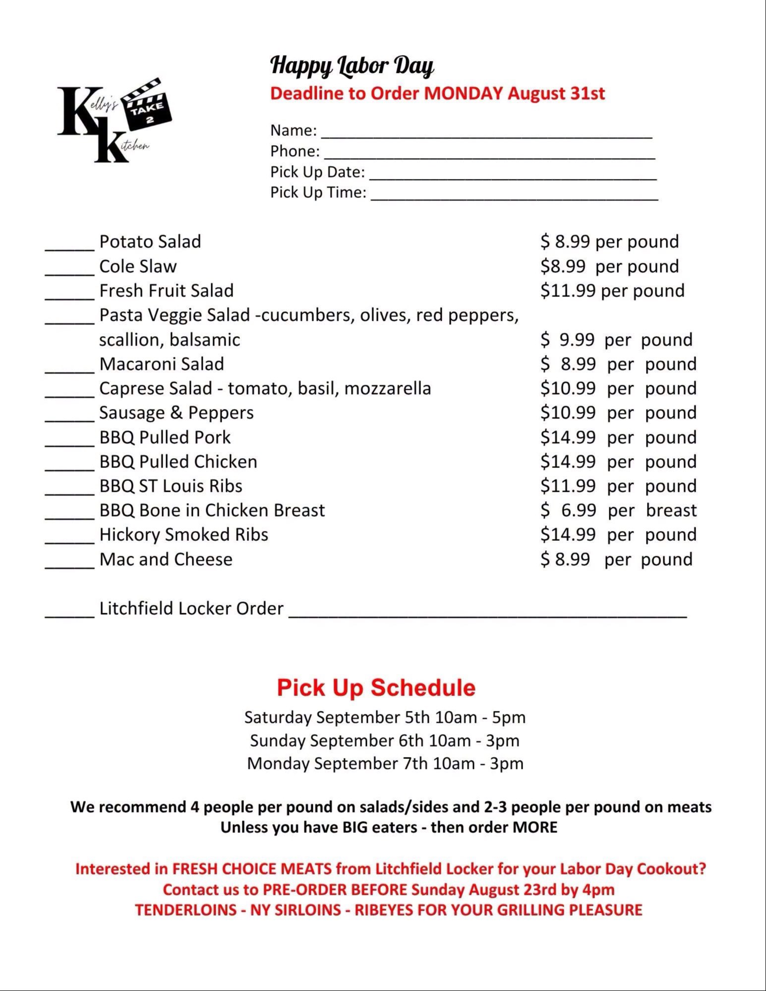 Labor Day Catering Menu